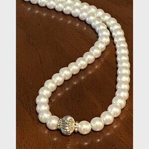 White Faux Pearl Bead Necklace with Silver Pendant
